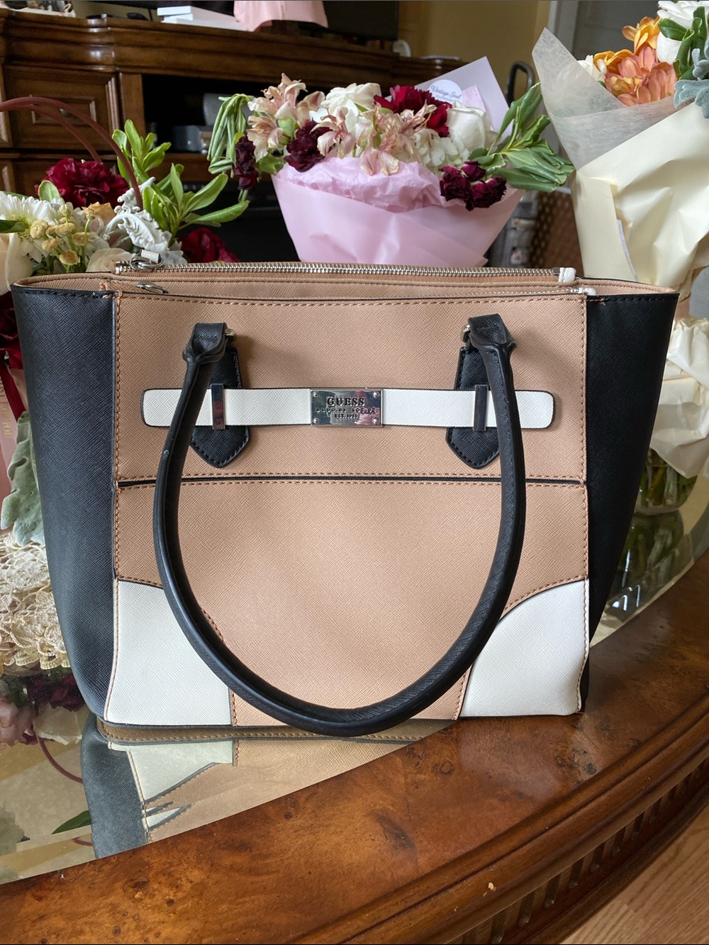 Guess Colorblock Saffiano Satchel - Black, Beige, White